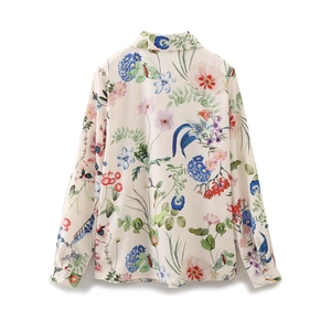 Women's 2025 spring floral print satin shirt with long sleeves and lapel collar