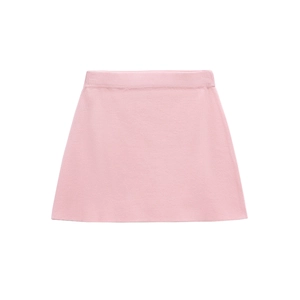 Pink knitted mini skirt with vertical ribbed texture and wide elastic waistband