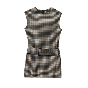 Women Summer Sleeveless Mini Dress With Belt Elegant Round Neck High Waist Plaid Solid A-Line Casual Streetwear Lady Short Dress