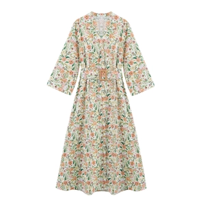 Women Floral Print Maxi Dress V Neck Long Sleeve Belted A Line Summer Vacation Boho Beach Party Long Dress For Ladies