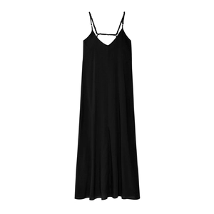 Abito lungo nero minimalista con scollo a V e silhouette fluida per l'estate