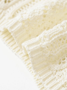 Detailed macro view of white crochet knit fabric with intricate geometric lace patterns