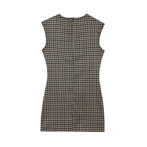 Women's sleeveless mini dress with yellow plaid pattern and back zipper closure