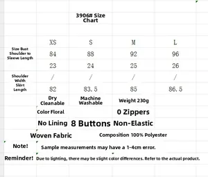 Detailed size chart for the floral silk texture short dress with measurement specifications