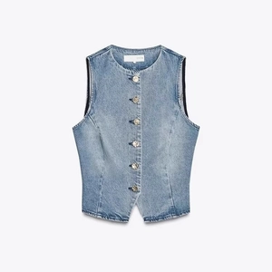 Gilet en Denim Décontracté pour Femmes et Jeans à Jambes Larges Haut en Denim Sans Manches avec Boutons Pantalon en Denim Lavé Taille Haute
