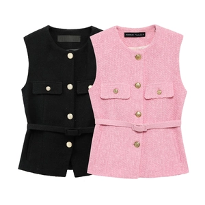 Women Elegant Tweed Sleeveless Vest With Gold Metal Buttons And Waist Belt Round Neck Slim Fit Textured Waistcoat Top