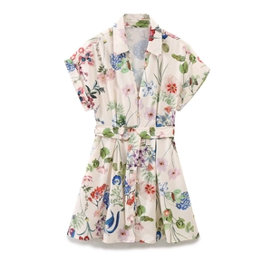 Women floral print silk-textured short dress with belt and button-up lapel collar