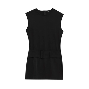 Classic black sleeveless dress with a matching waist belt and a round neck for women