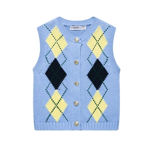 Vintage Argyle V-Neck Knit Sweater Vest Women Sky Blue Button Down Cardigan Sleeveless Preppy Style British School Waistcoat