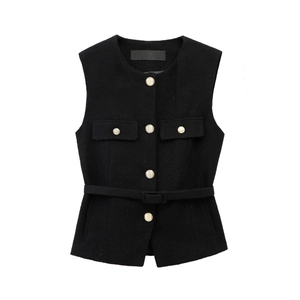 Women's black textured tweed vest with gold buttons and matching belt in a slim fit style