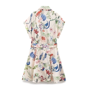 Elegant floral print silk short dress with waist belt and collar, back view for women