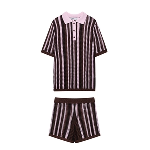 Women Vintage Knitted Striped Polo Shirt And Shorts Casual Crochet V Neck Short Sleeve Outfit Brown Pink