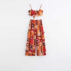 Women Bohemian Paisley Print Crop Top And Wide Leg Pants Summer Vacation Casual Patchwork Ethnic Style Streetwear Outfit