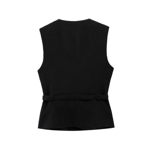 Back view of a black textured vest with sleeveless design and waist buckle detail