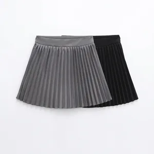 Women's High Waist Pleated Mini Skirt A-Line School Style Solid Color Short Skirt For Girls Black Gray Polyester Skirt