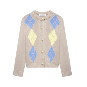 Women's casual argyle knit cardigan with gold buttons and soft beige fabric flat lay