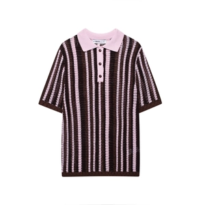 Women's short-sleeve knit polo shirt with pink and brown vertical stripes and button collar