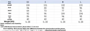Detailed size chart for women sleeveless dress in XS to L with fabric specifications