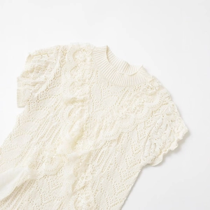 Elegant cream lace crochet short sleeve top with floral hollow knit and ruffle detail