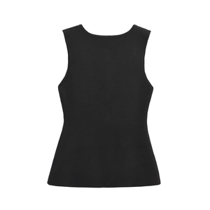 Minimalist black sleeveless knit vest for women featuring a slim fit and round neckline