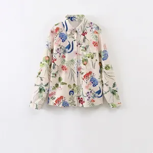 Women's Vintage Floral Print Satin Long Sleeve Shirt Elegant Lapel Button Up Blouse With Chest Pocket Spring Fashion Tops
