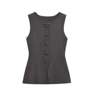 Women casual charcoal grey knitted vest with round neck and five front buttons