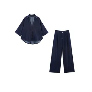 Tenue Décontractée en Denim pour Femmes avec Chemise à Manches Trois-Quarts Col en V et Pantalon Large Taille Haute Bleu Foncé
