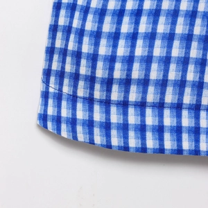 Macro shot of blue and white gingham fabric showing fine texture and stitching detail