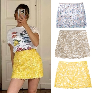 Women Sexy Sequin Mini Skirt A-Line High Waist Shiny Short Skirt For Party Club Wedding Shiny Flower Petal Bottom Skirt