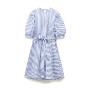 Abito Mini in Popeline a Righe Donna Estate Maniche a Sbuffo Fiocco in Vita Linea A Vestito Corto Casual Blu Bianco