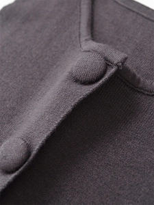 Close-up of fine knit charcoal grey cardigan featuring matching fabric-covered buttons