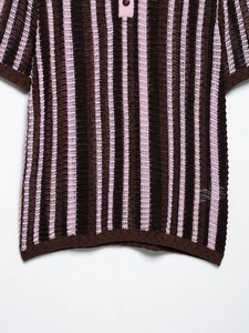 Close-up of brown and pink striped knit polo shirt with breathable openwork texture