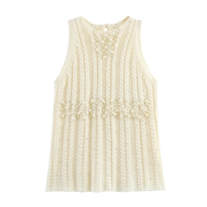 Chic off-white knit vest featuring elegant pearl embellishments and cable knit texture