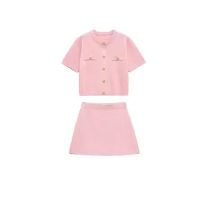 Women Elegant Pink Knitted Short Sleeve Button Cardigan And High Waist A-Line Mini Skirt Top And Bottom Casual Summer Fashion