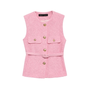 Pink textured tweed vest with gold buttons and matching belt for a chic summer fashion look