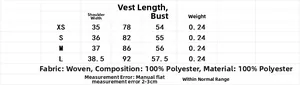 Tableau des tailles pour gilet femme avec mesures d'épaules et de poitrine en polyester