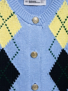 Macro shot of argyle knit cardigan with heraldic gold buttons and woven size label