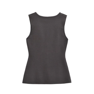 Close-up of dark grey knitted vest top with smooth texture and soft button details