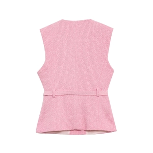Back view of pink textured tweed vest with slim fit cut and decorative belt detail