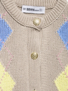 Detail shot of vintage argyle knit cardigan with golden buttons and brand neck label