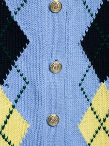 Close-up of argyle knit texture with vintage crown embossed gold metal buttons