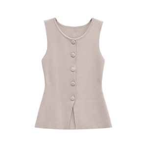 Women's casual ribbed knit vest top with decorative buttons in soft light beige