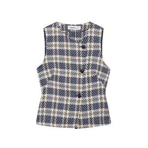 Gilet sans manches en tweed pour femme avec motif à carreaux bleu, blanc, jaune et col rond