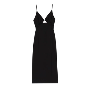 Women Elegant V Neck Hollow Out Slip Dress Sexy Backless Ruched Side Slit Sleeveless Black Maxi Dress For Party Summer