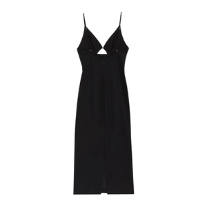 Elegant black sleeveless maxi dress with thin straps, back hollow detail and high slit