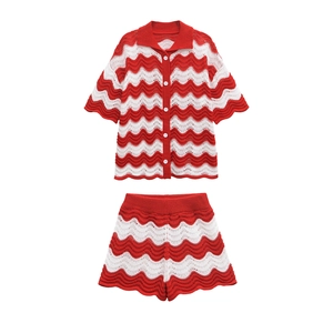 Women's red and white wave striped knit set with short sleeve cardigan and matching shorts