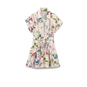 Women Casual Summer Floral Print Short Sleeve Shirt Dress Button Down A-Line Mini Dress With Waist Belt Botanical Pattern Top