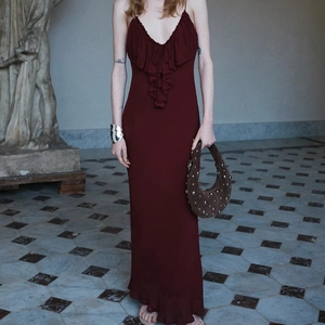 Elegant burgundy sleeveless maxi dress with ruffles for vacation and summer wear