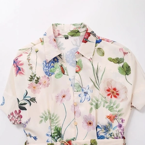 Women's silk-texture floral mini dress with realistic flower prints and golden buttons
