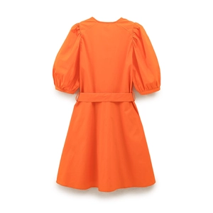 Robe ligne A orange élégante avec manches bouffantes et ceinture assortie femme